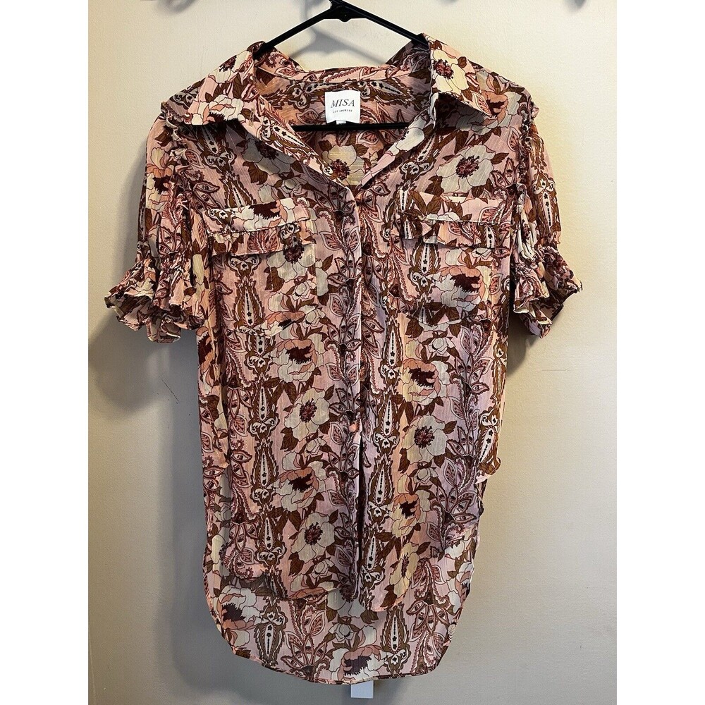 MISA Los Angeles Lara Brown Beige FloralShort Sleeve Collared Blouse Size XS